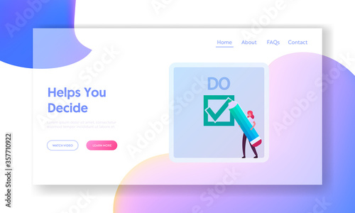 Business, Time Management Eisenhower Matrix Plan Landing Page Template. Tiny Businesswoman Character with Huge Pencil Put Check Mark in To-do List or Tasks in Office. Cartoon Vector Illustration