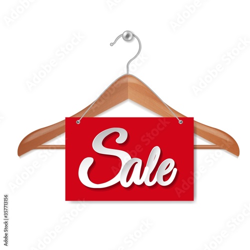 Wooden Hanger With sale Paper banner Isolated White Background With Gradient Mesh, Vector Illustration