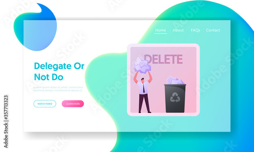 Time Management Landing Page Template. Businessman Character Use Eisenhower Matrix Delete Not Important Business Tasks. Deadline Organization, Efficient Control to Do List. Cartoon Vector Illustration