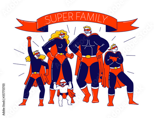 Super Family Concept. Characters Mother, Father, Son, Daughters and Little Baby Playing in Super Heroes. Mommy, Daddy and Children in Superhero Costumes Posing. Linear People Vector Illustration