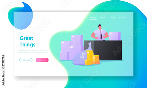 Product Life Cycle Landing Page Template. Retailer Perform New Production to Customers. Businessman Character Stand at Desk with Boxes and Money in Stacks and Bags. Cartoon Vector Illustration