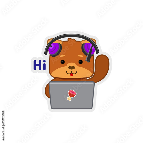 Character. The dog in the headphones at the laptop, says hi. Cartoon style. Sticker for Viber and other messengers. Vector illustration.