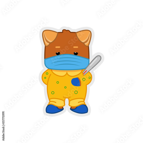 Character. Doggie in a medical mask, gloves and shoe covers with a thermometer in pajamas. Self-isolation. Cartoon style. Sticker for instant messengers. Vector illustration.