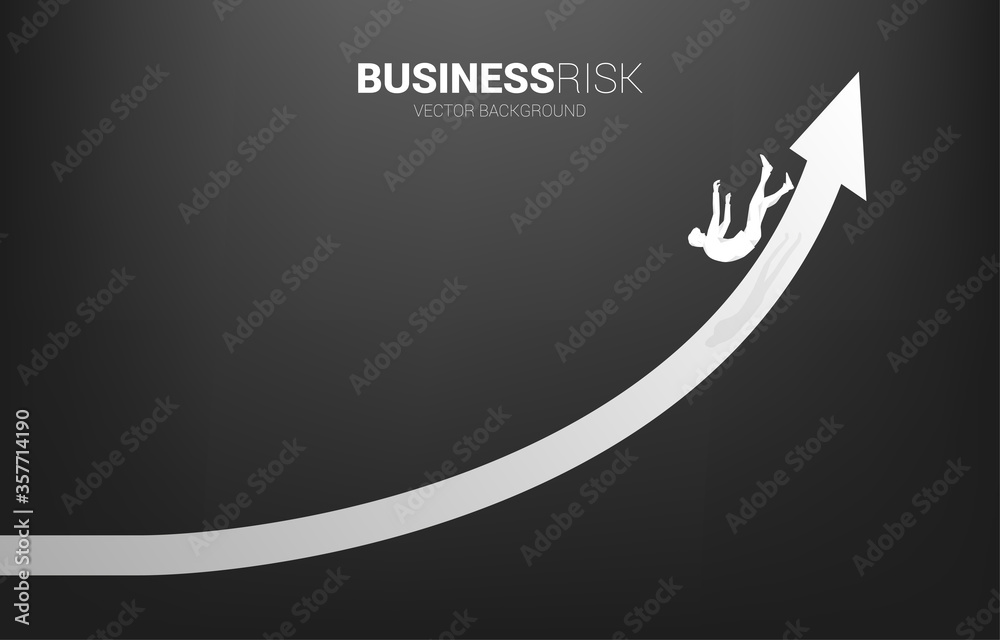 silhouette of businessman slip and falling down from growing arrow. Concept for fail and accidental business silhouette of businessman slip and falling down from growing arrow. Concept for fail and accidental business