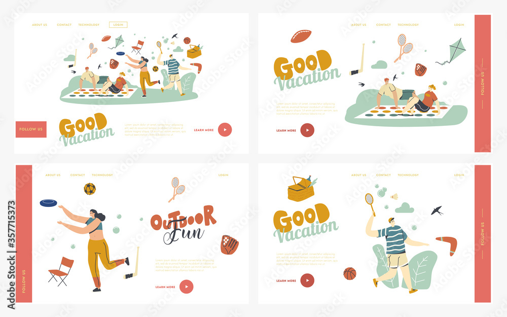 Happy People Enjoy Summer Outdoor Activities Landing Page Template Set. Characters Play Twister, Badminton, Throw Flying Plate and Boomerang. Friends and Family on Picnic. Linear Vector Illustration