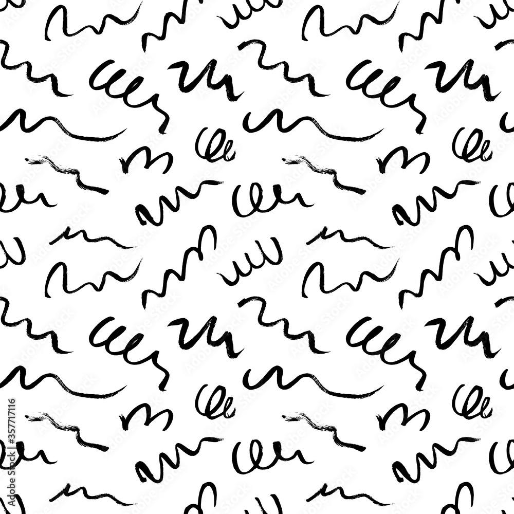 Wavy and swirled brush strokes vector seamless pattern. Black paint freehand scribbles, abstract ink background.