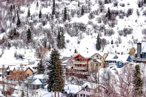 Bilde på lerret Colorful family homes against hill slope with conifers and thick snow in winter