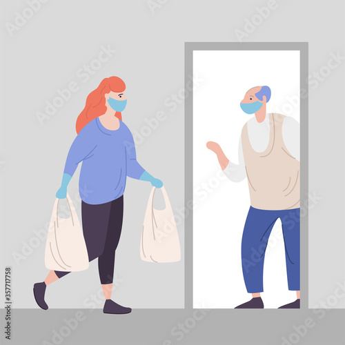 Volunteer delivers donations elderly people home coronavirus pandemic. Young female with packages in hands carrying necessities old citizen. Concept assistance and support people risk virus infection