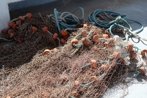 Berth. Fishing gear, nets and ropes are dried in the sun photo