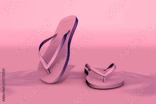 3d rendering of summer concept. Pink flipflops isolated on pink background with sunlight and shadow of coconut leaves. Minimal design art. Copy space.