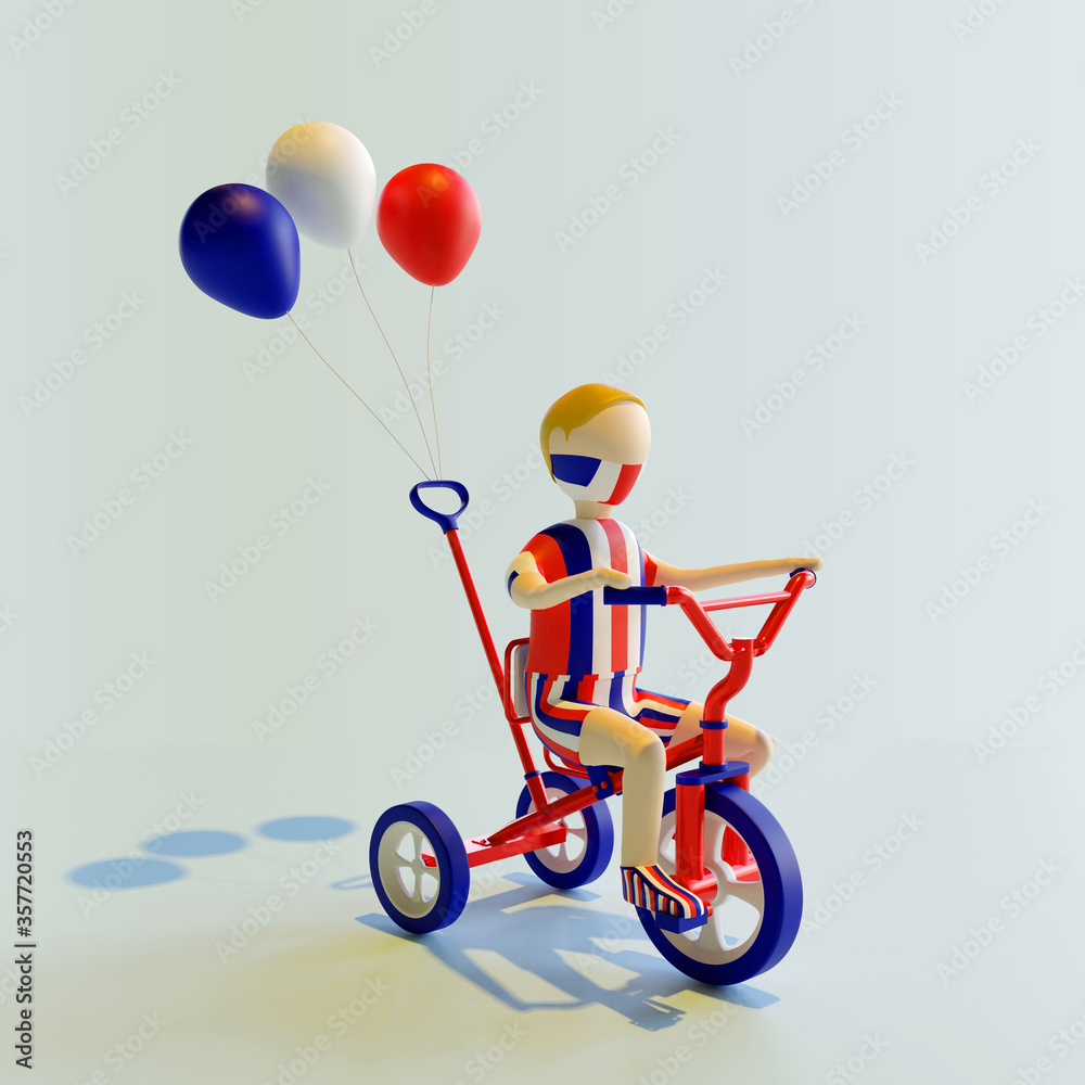 3D Rendering of a boy wear protective face mask riding three wheel bike, with three balloons attached, in France flag colur theme, to celebrate July 14th Bastille day. 3D Rendering of a boy wear protective face mask riding three wheel bike, with three balloons attached, in France flag colur theme, to celebrate July 14th Bastille day.