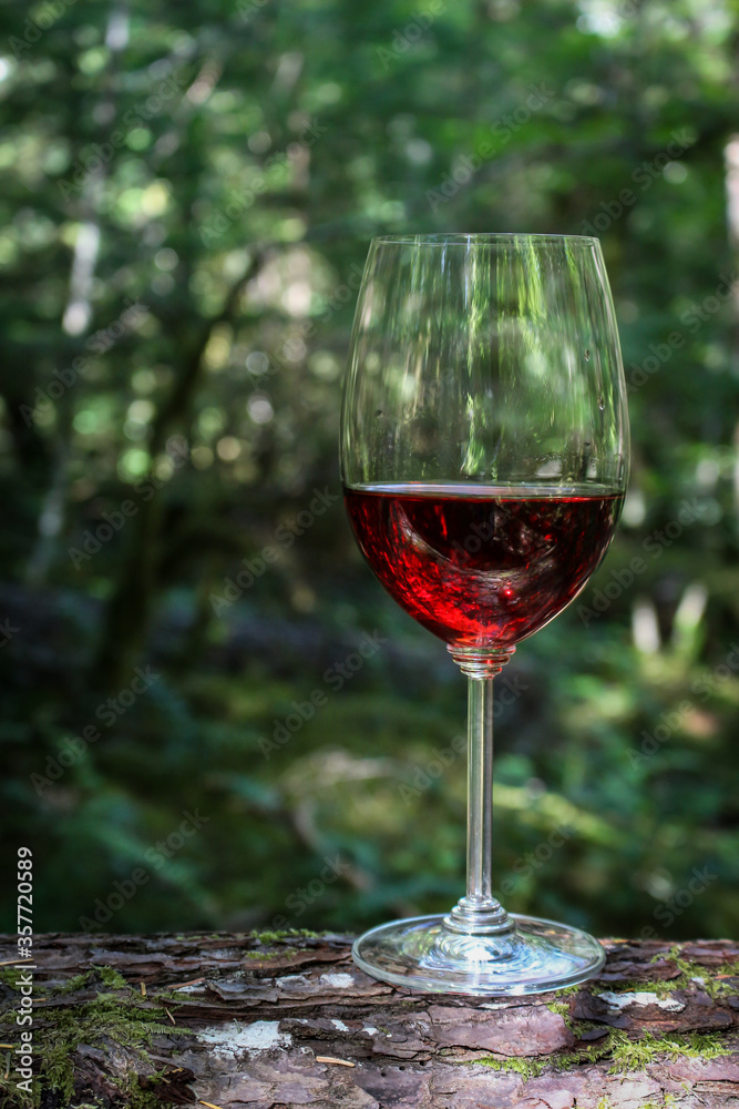 Wine Glass on Log Forest Background