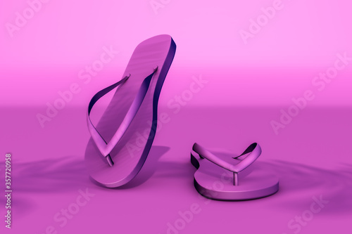 3d rendering of summer concept. Purple flipflops isolated on purple background with sunlight and shadow of coconut leaves. Minimal design art. Copy space.
