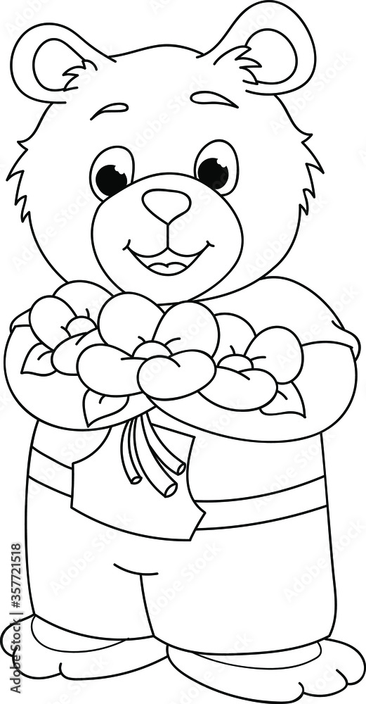 Coloring page outline of cartoon cute bear with flowers. Colorful ...