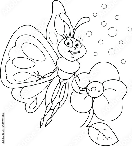 Coloring page outline of cartoon smiling cute butterfly with the big flower. Colorful vector illustration, summer coloring book for kids. © Steiser