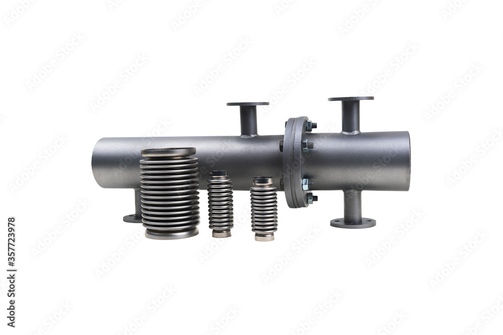 Shell and tube heat exchanger with Sylphons isolated on white background Shell and tube heat exchanger with Sylphons isolated on white background