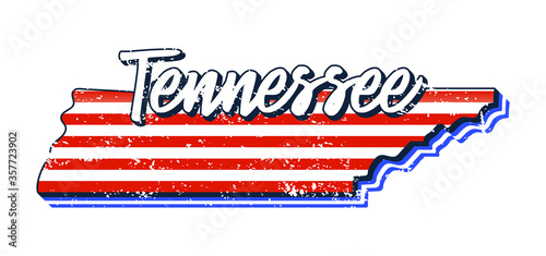 American flag in tennessee state map. Vector grunge style with Typography hand drawn lettering tennessee on map shaped old grunge vintage American national flag isolated on white background