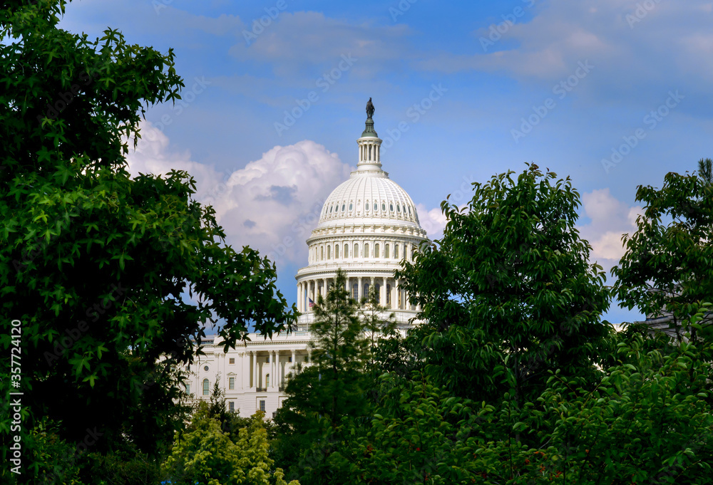The United States Capitol Building dome behind green tree foliage
