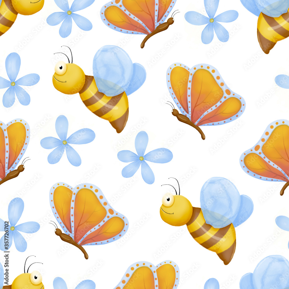 Naklejka premium Cute bugs seamless pattern. Child drawing insects, flying butterflies and baby ladybird. Flower butterfly, fly insect and beetle.