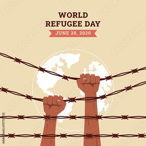 World refugee day background with hands hold and climb barbed wire fence. Flat style vector illustration concept of migrant awareness campaign for banner and poster.