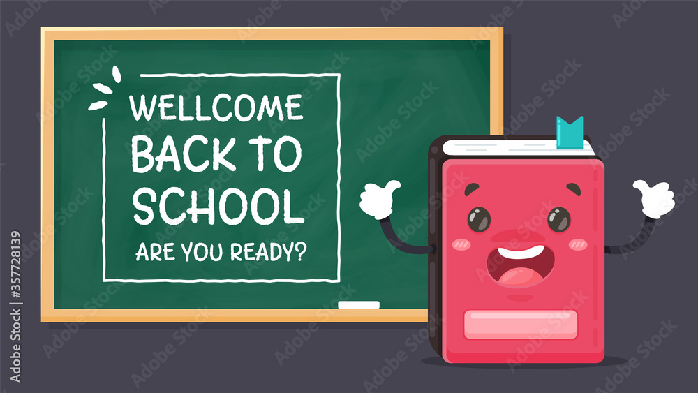 Vector character cartoon red notebook write message welcome back to school are you ready? In shock on the blackboard