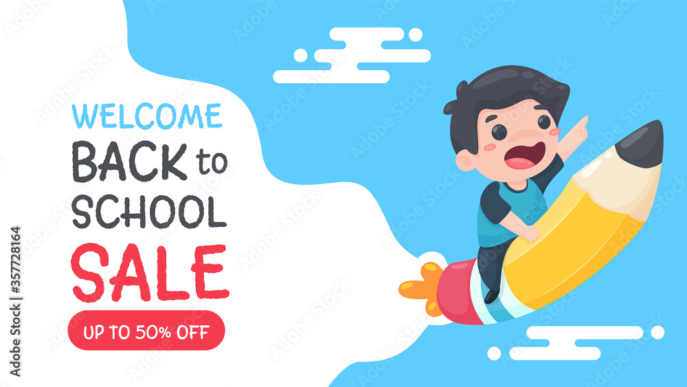 The boy rode a rocket made of wooden pencils to go to school. Stationery discount banner for back to school. The boy rode a rocket made of wooden pencils to go to school. Stationery discount banner for back to school.