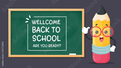 Vector cartoon characters wooden pencil Yellow Welcome back to school. Are you ready? In shock on the blackboard
