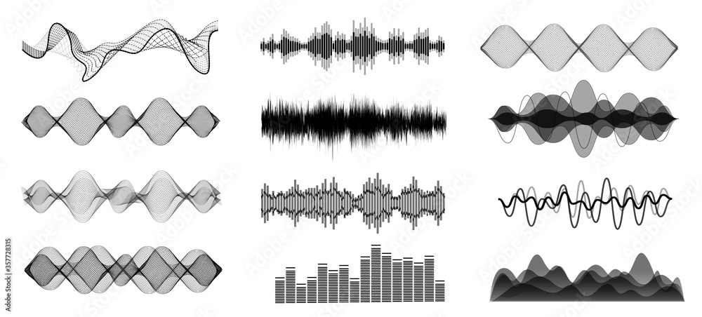 Black and white sound waves. Voice assistant equalizer set on white background. Music audio, voice signal lines, electronic radio signal. Vector curve voice waves.