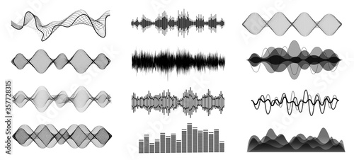 Black and white sound waves. Voice assistant equalizer set on white background. Music audio, voice signal lines, electronic radio signal. Vector curve voice waves.