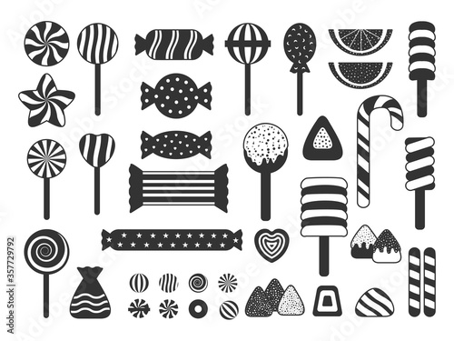 Set of sweet candies icons silhouette. Jelly, candy cane assortment, lollipop, dragee, heart candy, marshmallow. Template great for design poster children holiday, banner. Isolated vector illustration