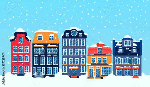 Winter european snowy street with house sky flat cartoon card. Merry Christmas and Happy New Year panoramic horizontal banner with building. Xmas holiday urban cityscape Decorative vector illustration