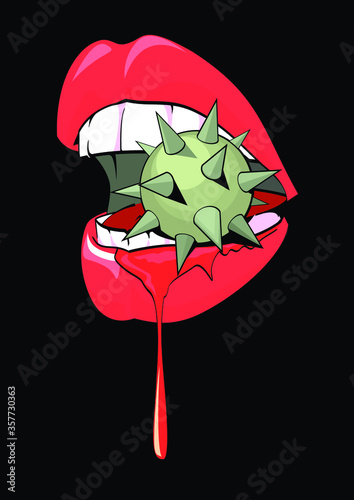 Vector illustration of a female mouth biting a spiked metal sphere on black background. Bondage poster.