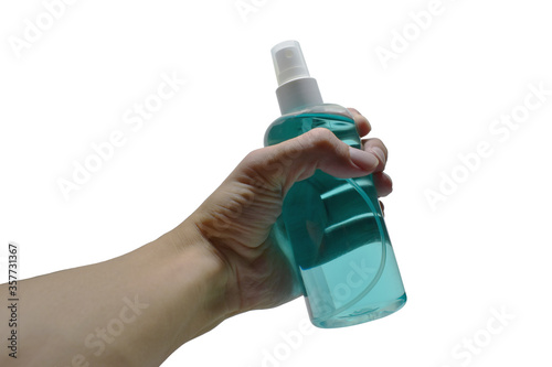 human hand holding alcohol spray bottle isolated on white background