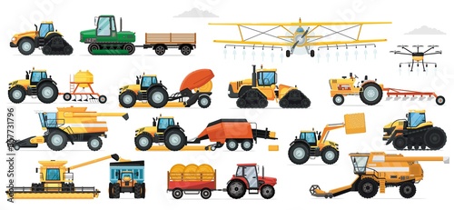 Agricultural machinery set. Vehicle for field farm work. Isolated industrial tractor, harvester, combine, crop duster, seeding machine transport icon collection. Agriculture and agricultural machinery