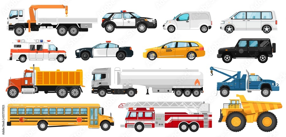 Service car set. City public special, emergency service automobile vehicles. Isolated police, ambulance car, school bus, tow, dump, tanker, fire truck, taxi, van icon collection. Urban auto transport.