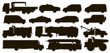 Urban transport set. City public special service automobile vehicle silhouettes. Isolated police, ambulance car, school bus, tow, dump, fire truck, taxi, van flat icon collection. Urban auto transport