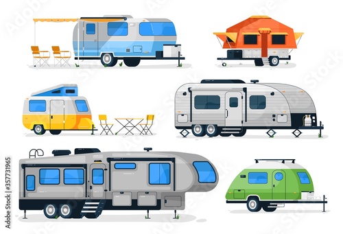 Camping trailers and rv car. Vector motorhome, camper caravan and house truck icon isolated on white background. Recreation vehicle with camping van side view. Travel car for outdoor vacation set