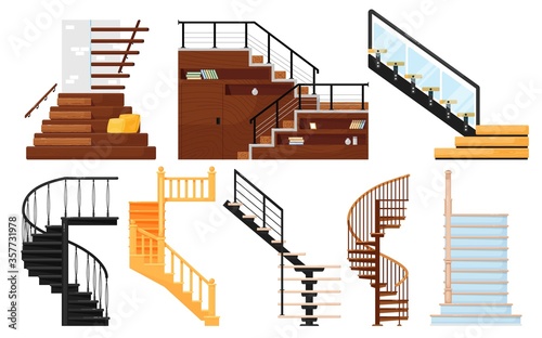 Staircase vector. Interior wooden stairs, store escalator, spiral staircase, floor to floor metal ladder. Cartoon stairs with handrails and steps collection