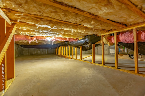 Basement or crawl space with upper floor insulation and wooden support beams