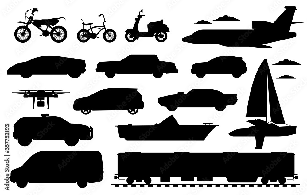 Naklejka premium Passenger transportation set. Public, private passenger vehicle silhouettes. Isolated car, train, drone aircraft, van automobile, bicycle, motorbike auto transport flat icon collection, transportation