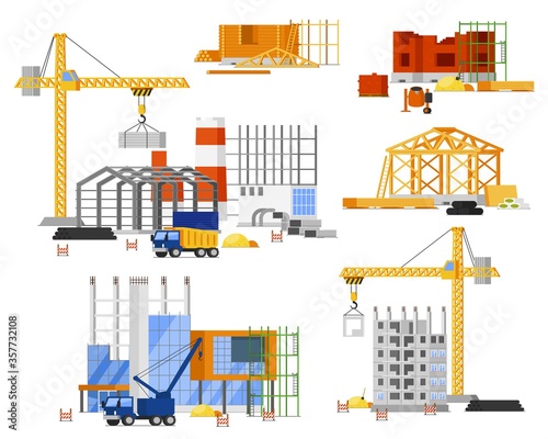 Construction site building set. Tower, truck crane building city, country house. Isolated steel, concrete, wooden structure frame with scaffolding. Construction engineering site, architecture industry