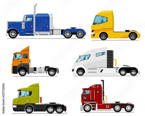 Semi truck set. Isolated traction unit rig or prime mover transport for semi-trailer hauling. Side view of tractor unit with cab icon collection. Industrial heavy truck vehicle transportation