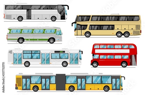 Passenger bus set. Isolated public city, coach, tour, double-decker bus transport icons. Bus vehicles with luggage compartments and bellows. Urban passenger transportation and journey