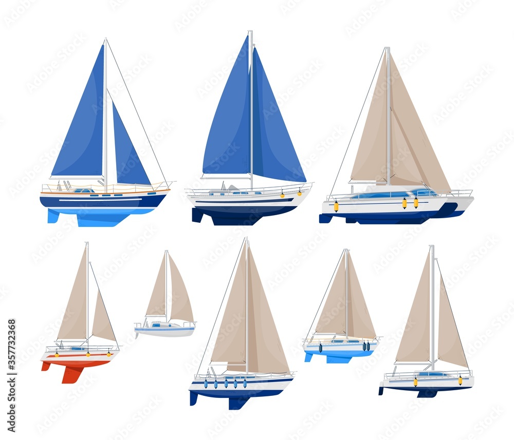 Sail vessel. Modern sailboat vector illustration. Sea ship and ocean vessel with sail on white background. Luxury yacht collection for nautical cruise
