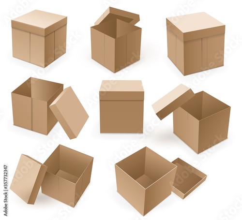 Empty cardboard box. Open brown box mockup isolated on white background. Storage packaging or blank cardboard set for delivery parcel vector illustration © studioworkstock