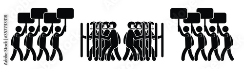 Two Groups of Protesters Clash with Riot Police. Black Illustration Isolated on a White Background. EPS Vector 