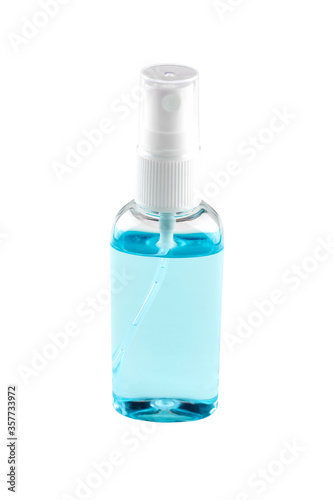 Transparent bottle with antiseptic gel. Blue antibacterial spray for hands isolated on white