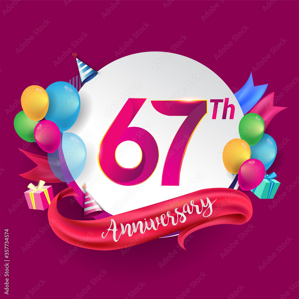Fototapeta premium 67th Anniversary logo with ribbon, balloon, and gift box isolated on circle object and colorful background