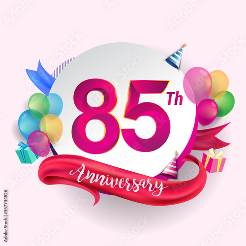 85th Anniversary logo with ribbon  balloon  and gift box isolated on circle object and colorful background