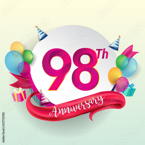 98th Anniversary logo with ribbon  balloon  and gift box isolated on circle object and colorful background